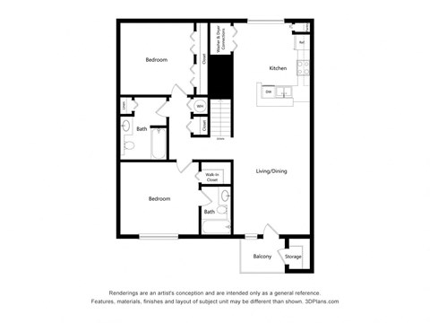 Floor plan for 2 beds, 2 baths, 1138 sqft